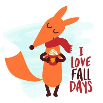 I love fall days - Hand drawn vector illustration with cute fox Illustrazione stock