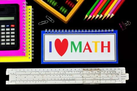 I love math-the text is written in colored letters in a student's notebook. Stock Photos