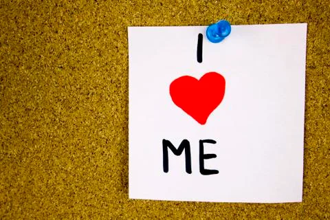 I love me reminder note - handwriting in black ink on an on cork board Stock Photos