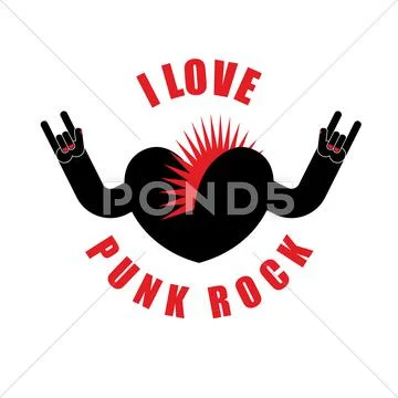 I love punk rock. Symbol of heart with Mohawk hair and hands up. Rock hand s Stock Illustration