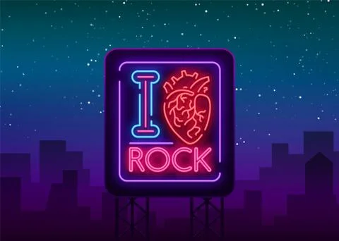 I love rock. Neon sign, bright banner, symbol, poster on the theme of rock'n Stock Illustration