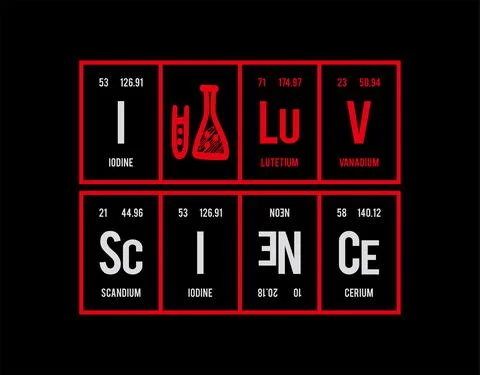 I Love Science - Periodic Table of Elements on black background in vector ill Stock Illustration