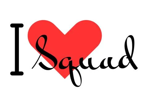 I love Squad creative slogan. Hand drawn letters with red heart. Vector ill.. Illustrazione stock