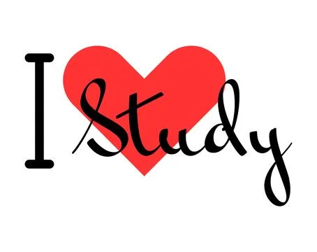 I love Study creative slogan. Hand drawn letters with red heart. Vector ill.. Stock Illustration