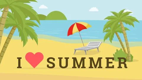 I love summer vector postcard. Seaside resort with deck chair, beach umbrella Stock Illustration