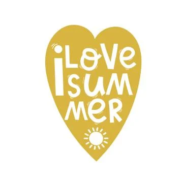 I love summer in a yellow heart, lettering hand drawing calligraphy, vector Stock Illustration
