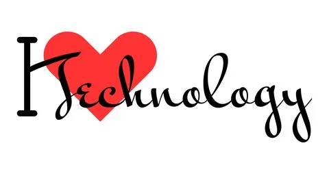 I love Technology creative slogan. Hand drawn letters with red heart. Vecto.. Stock Illustration