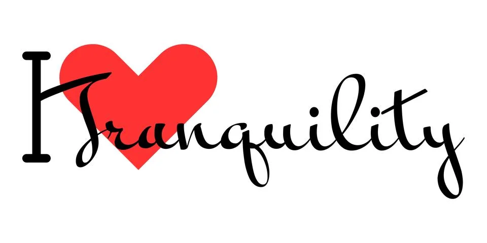 I love Tranquility creative slogan. Hand drawn letters with red heart. Vect.. Ilustración de archivo