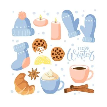 I love Winter text and warm winter knitted clothing, hot drinks and treats Stock Illustration