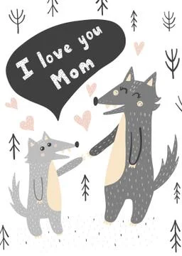 I Love you Mom card with mother and baby wolves. Print in childish style Stock Illustration