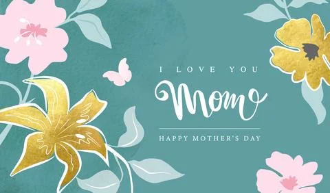 I love you Mom, Happy Mother's Day.Stylish design with golden flowers and Stock Illustration