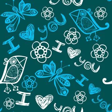 " i love you" seamless pattern with butterflies and birds in pink Stock Illustration