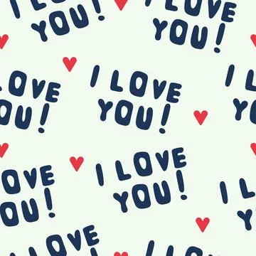 I love you seamless pattern. Hand drawn lettering with red hearts. Vector Stock Illustration