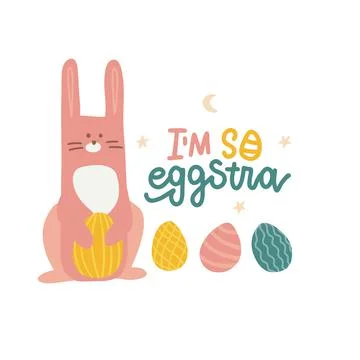 I m So Eggstra - funny Easter saying with cool bunny searching for eggs. Flat Stock Illustration