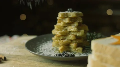 I put coconut flakes on the Christmas tree. French toast christmas tree holiday Stock Footage 166097162