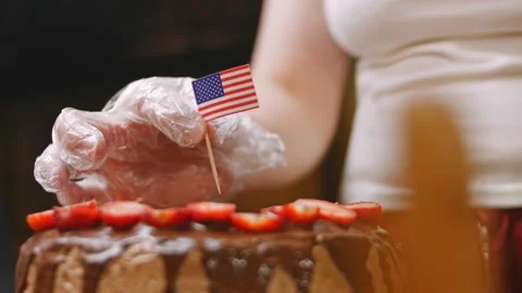 I put the flag on the door. Chocolate Cake with Nutella Buttercream and Stock Footage 164629673