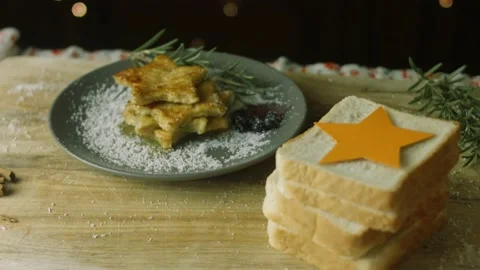 I quickly eat the Christmas tree. French toast christmas tree holiday atmosphere Stock Footage 166098893