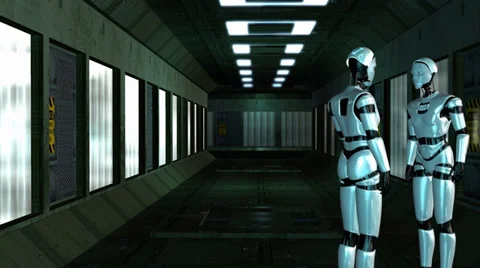 I Robots in a Spaceship Corridor - Video Background Stock-Footage 34315528