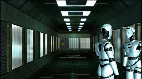 I Robots in a Spaceship Corridor - Video Background Stockbeeldmateriaal 34315587