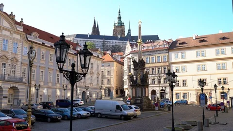 I show the situation in the center of Prague during coronavirus COVID-19 Stock Footage 128418593