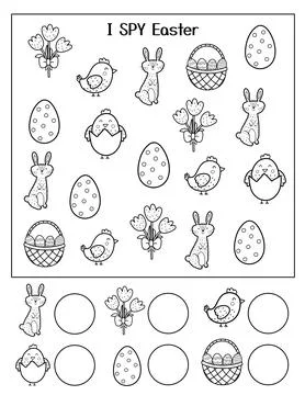 I SPY Easter black and white worksheet. Educational activity and coloring page Stock Illustration