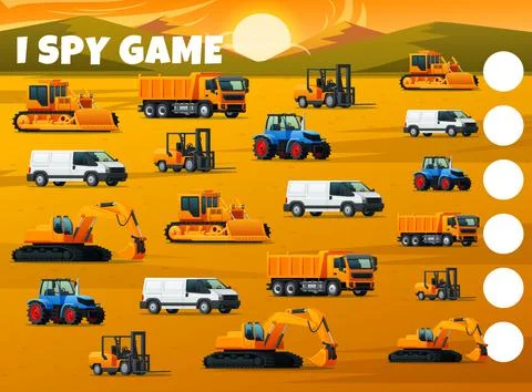 I spy game, construction machinery trucks quiz Stock Illustration