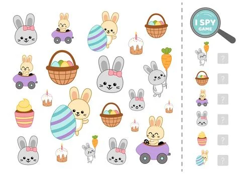 I spy game for kids with Easter bunnies. Search and count how many. Math game Stock Illustration