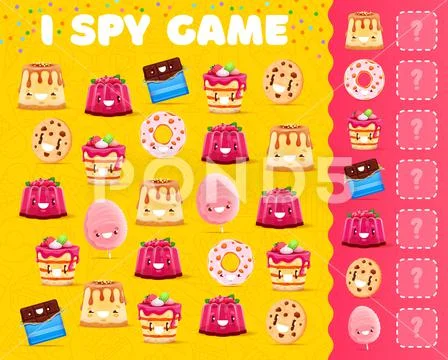 I spy game quiz with cartoon dessert characters Illustration #217686104