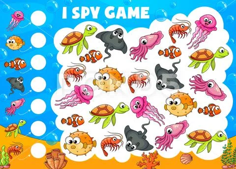 I spy game quiz worksheet of underwater animals: Royalty Free #172169738