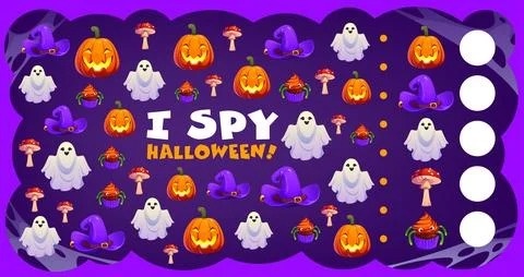 I spy game worksheet with cartoon Halloween ghosts Stock Illustration
