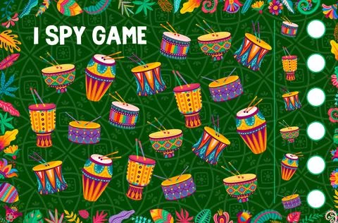 I spy game worksheet counting of african drums Illustrazione stock