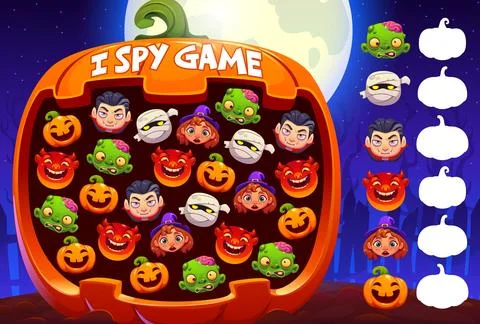 I spy game worksheet with funny Halloween emoji Stock Illustration