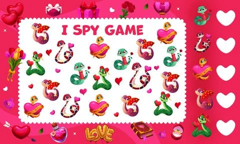 I spy game worksheet with snake characters, hearts Illustrazione stock
