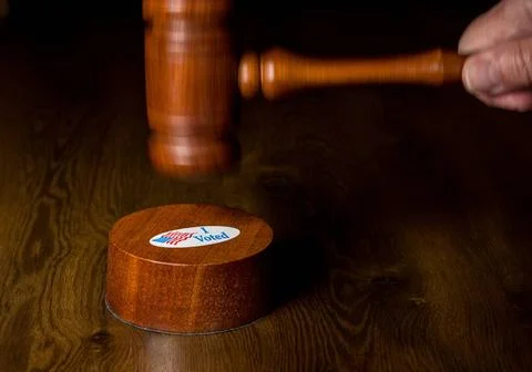 I voted campaign button or sticker with a gavel and mallet to illustrate l... Stock Photos