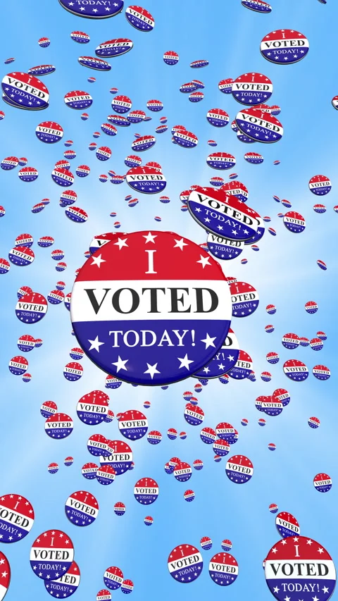 I voted today badges flying on blue sky background, matte channel vertical. Stock Footage 330776276
