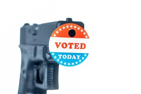 I voted today campaign button with hole on handgun for voter suppression C... Stock Photos