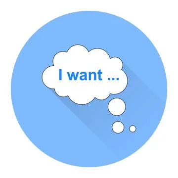 I want text phrase inside thought bubble cloud icon blue circle button Stock Illustration