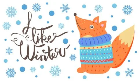 I Like Winter Postcard with Smiling Fox in Sweater Illustrazione stock