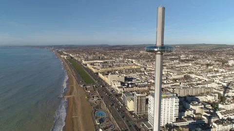 I360 viewing pod at the top of the tower showing view over town, drone aerial 4K Stock Footage 101209535