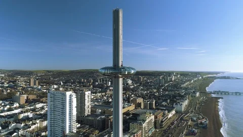 I360 viewing tower pod at top of tower panning to town view, drone aerial 4K Stock Footage 101203380