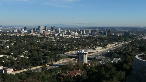 I405 and Sunset boulevard  inner change, Westwood in South LA behind. Stockbeeldmateriaal 119073970