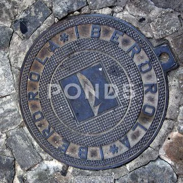 Iberdrola Energy Manhole Cover Avila Castile Spain Stock Photos
