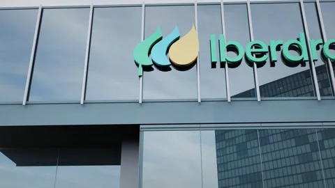 Iberdrola Stock data presented on the logo of the office facade editorial Stock Footage 289749480