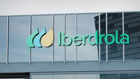 Iberdrola Stock data presented on the logo of the office facade editorial Stock Photos