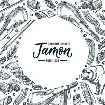 Iberian pork jamon square frame. Vector hand drawn sketch illustration. Lab.. Stock Illustration