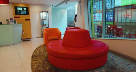 Ibis Hotel lobby interior, reception desk, modern design, city view Stock Footage 344459839
