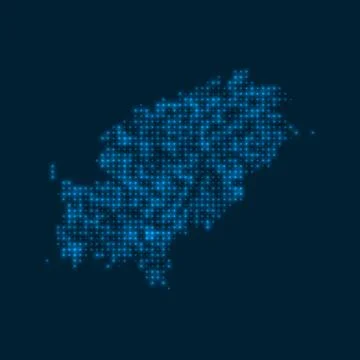 Ibiza dotted glowing map. Shape of the island with blue bright bulbs. Vecto.. Stock-Illustration