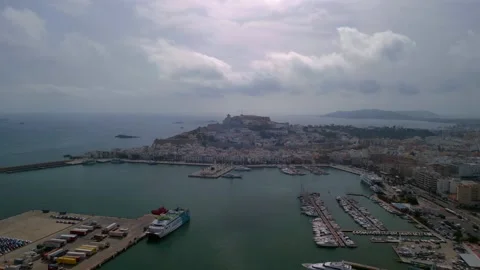Ibiza old town castle and city wall.
magic aerial view flight panorama Stock Footage 219987828