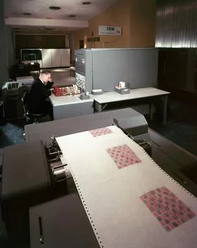 An IBM electronic data processing machine, type 704 helping to solve complex pro Stock Photos