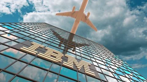 IBM logo on a modern skyscraper reflecting clouds and flying airplane. Editorial Stock Illustration